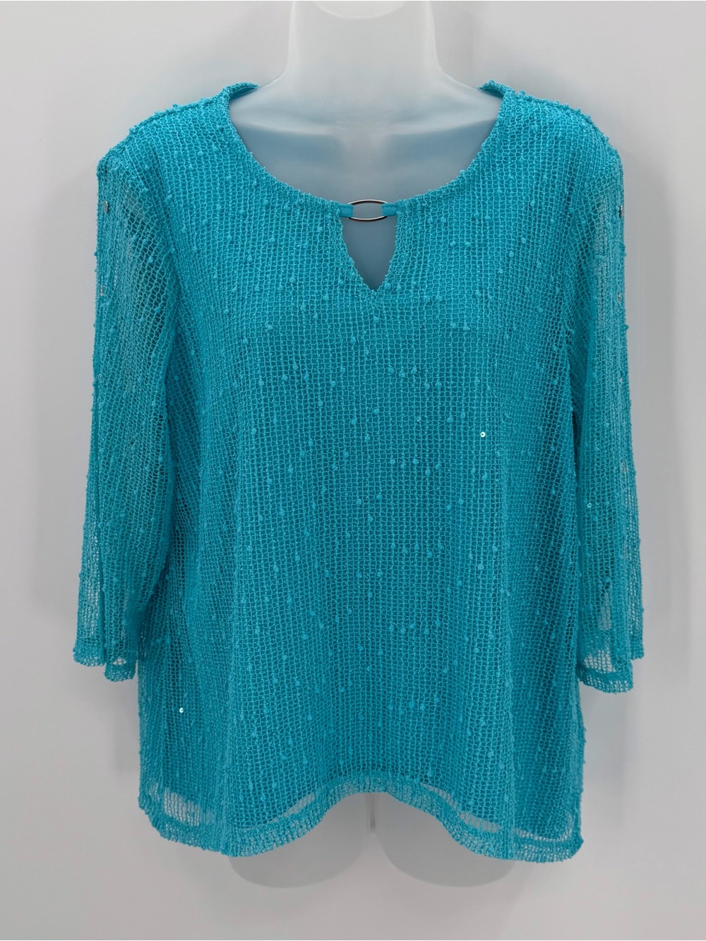 Alfred Dunner Top Women’s PM PETITE MEDIUM Turquoise 3/4 Slv Knit Sharkbite Hem